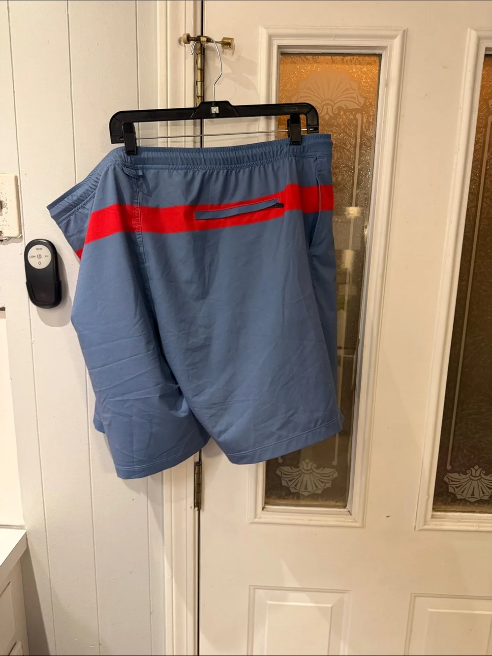 The Black Dog Light Blue Swim Trunks with Red Stripe